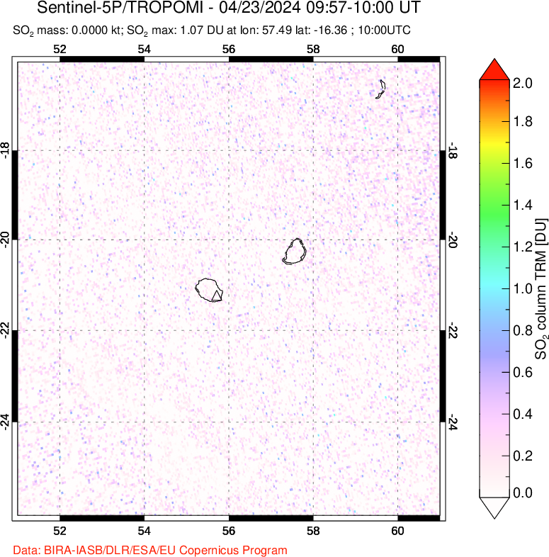 A sulfur dioxide image over Reunion Island, Indian Ocean on Apr 23, 2024.