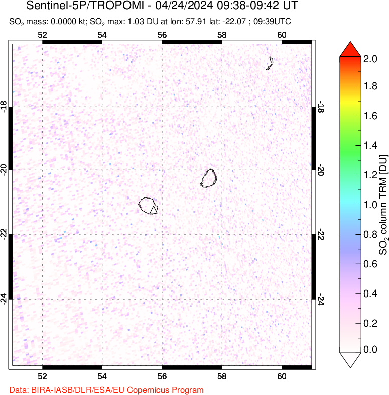 A sulfur dioxide image over Reunion Island, Indian Ocean on Apr 24, 2024.