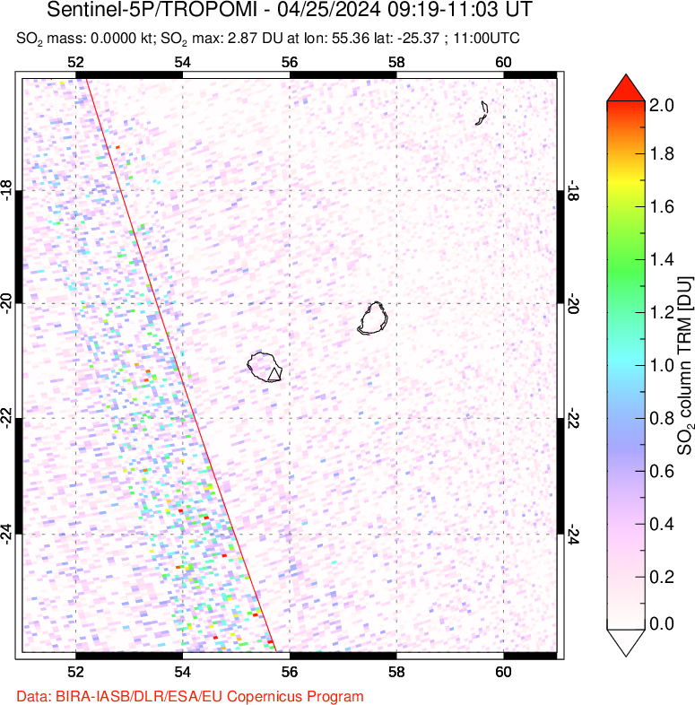 A sulfur dioxide image over Reunion Island, Indian Ocean on Apr 25, 2024.