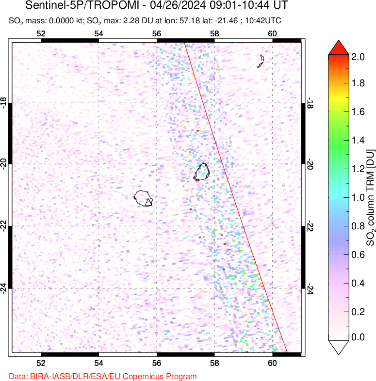 A sulfur dioxide image over Reunion Island, Indian Ocean on Apr 26, 2024.