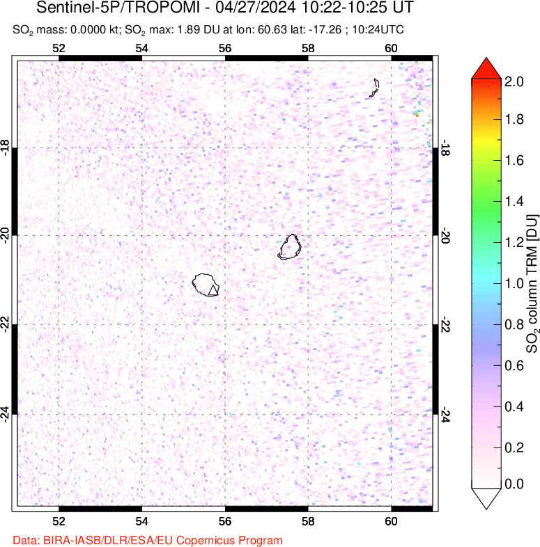 A sulfur dioxide image over Reunion Island, Indian Ocean on Apr 27, 2024.