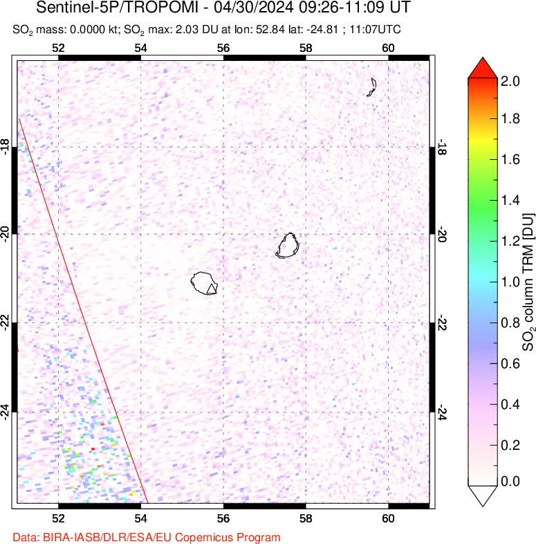 A sulfur dioxide image over Reunion Island, Indian Ocean on Apr 30, 2024.