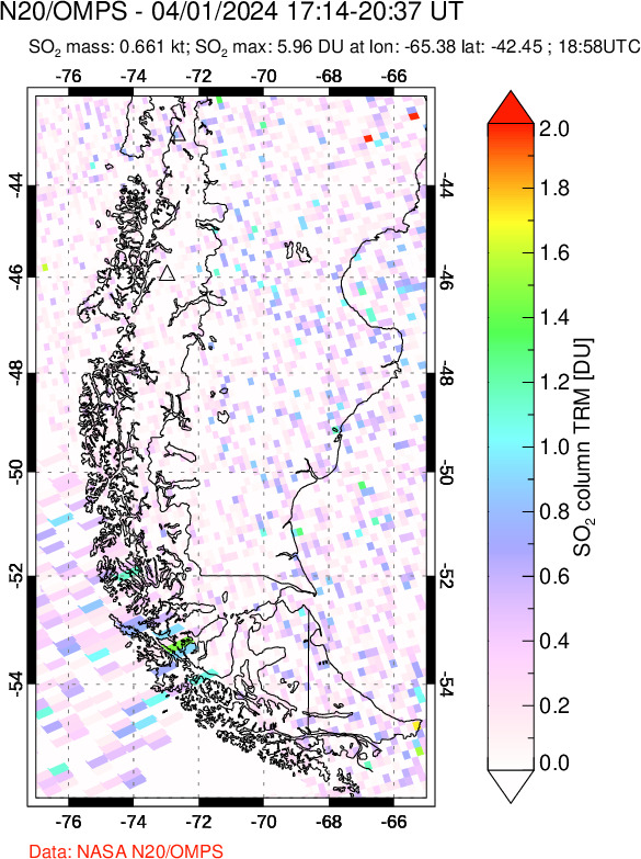 A sulfur dioxide image over Southern Chile on Apr 01, 2024.