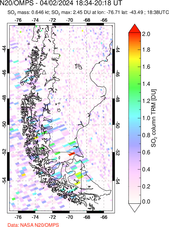 A sulfur dioxide image over Southern Chile on Apr 02, 2024.