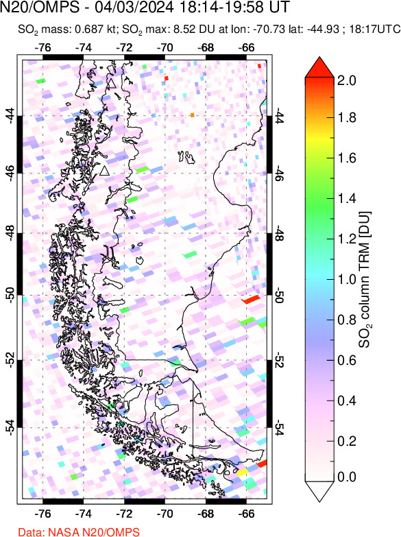 A sulfur dioxide image over Southern Chile on Apr 03, 2024.