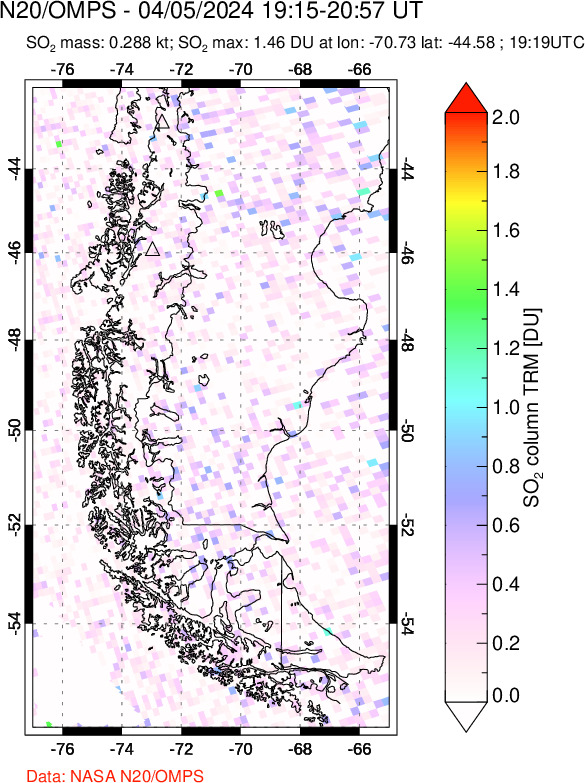 A sulfur dioxide image over Southern Chile on Apr 05, 2024.