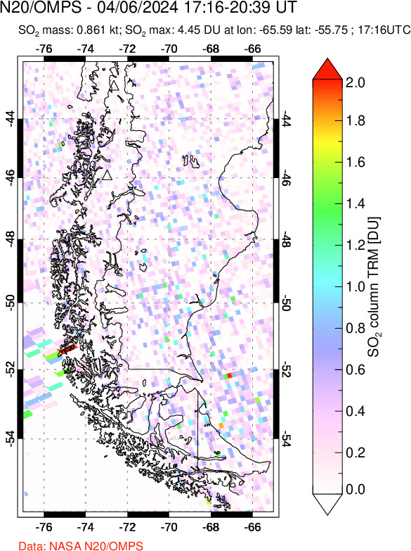 A sulfur dioxide image over Southern Chile on Apr 06, 2024.