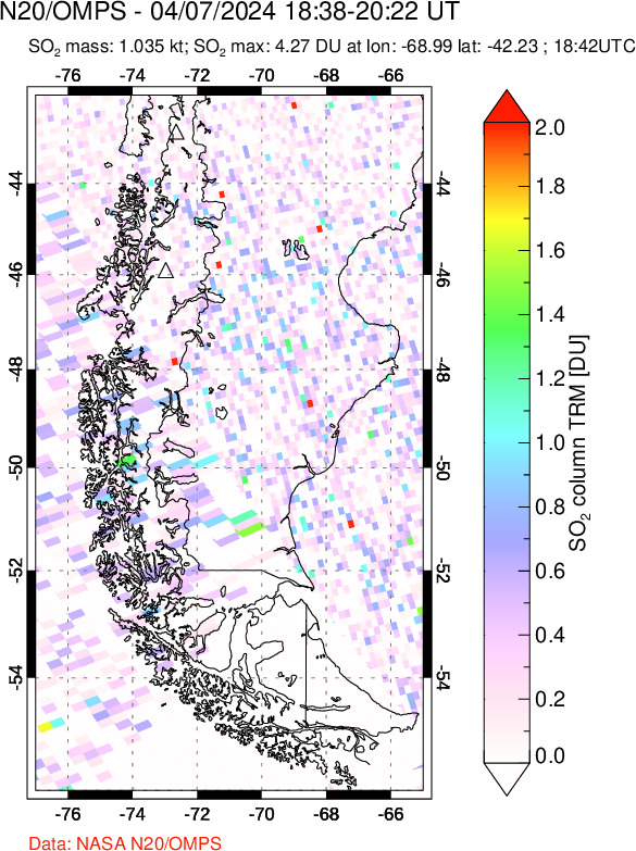 A sulfur dioxide image over Southern Chile on Apr 07, 2024.