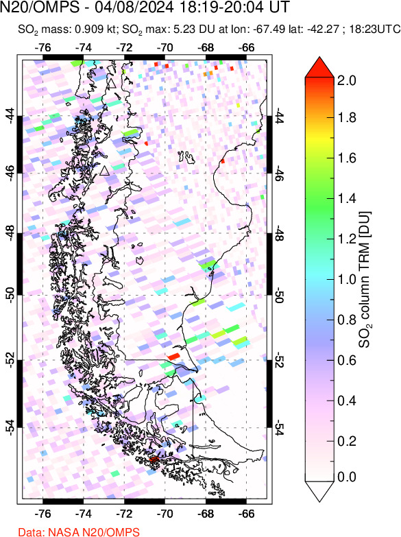 A sulfur dioxide image over Southern Chile on Apr 08, 2024.