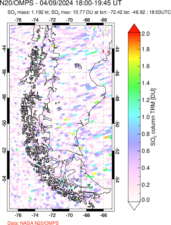 A sulfur dioxide image over Southern Chile on Apr 09, 2024.