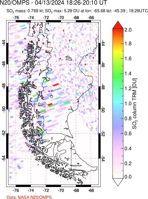 A sulfur dioxide image over Southern Chile on Apr 13, 2024.