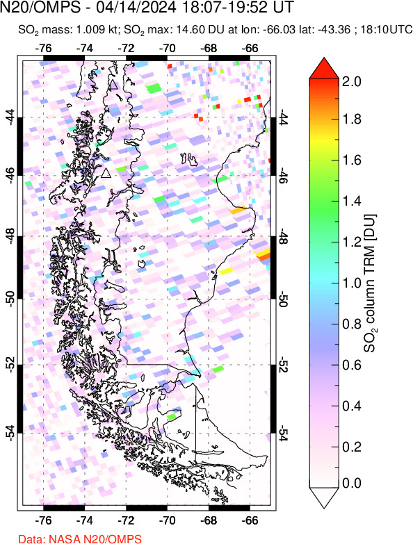 A sulfur dioxide image over Southern Chile on Apr 14, 2024.