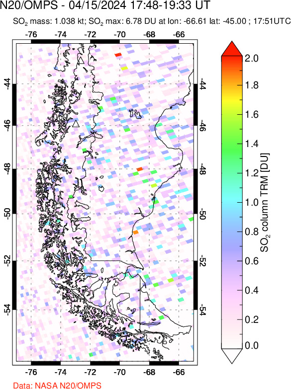 A sulfur dioxide image over Southern Chile on Apr 15, 2024.