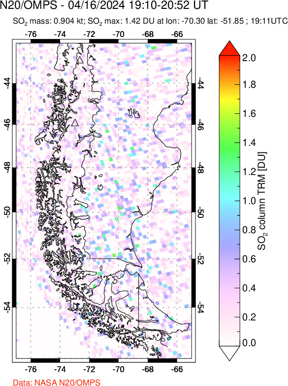 A sulfur dioxide image over Southern Chile on Apr 16, 2024.