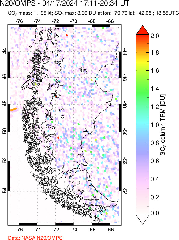 A sulfur dioxide image over Southern Chile on Apr 17, 2024.