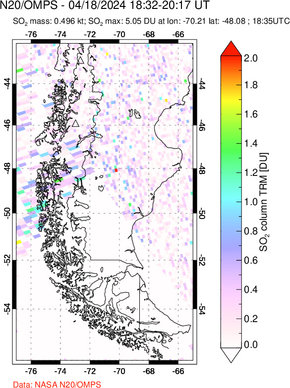 A sulfur dioxide image over Southern Chile on Apr 18, 2024.