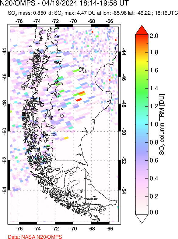 A sulfur dioxide image over Southern Chile on Apr 19, 2024.