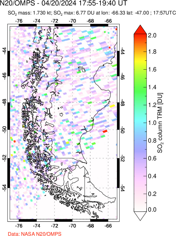 A sulfur dioxide image over Southern Chile on Apr 20, 2024.