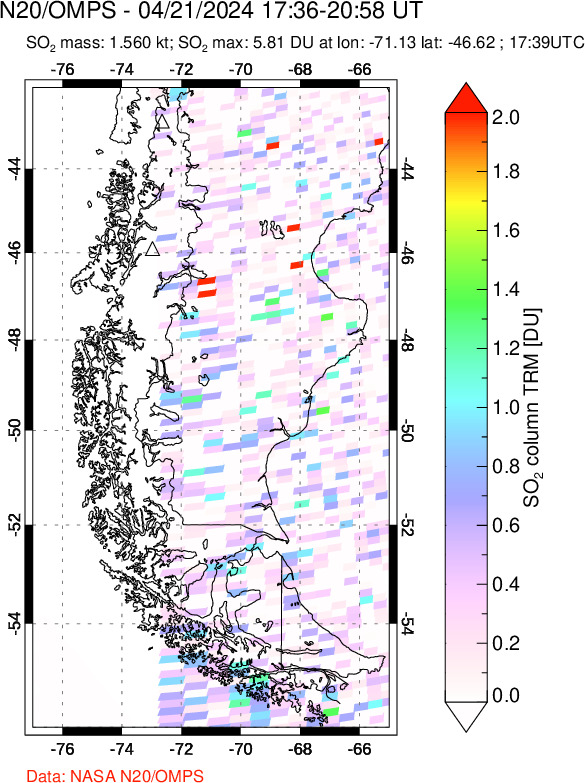 A sulfur dioxide image over Southern Chile on Apr 21, 2024.