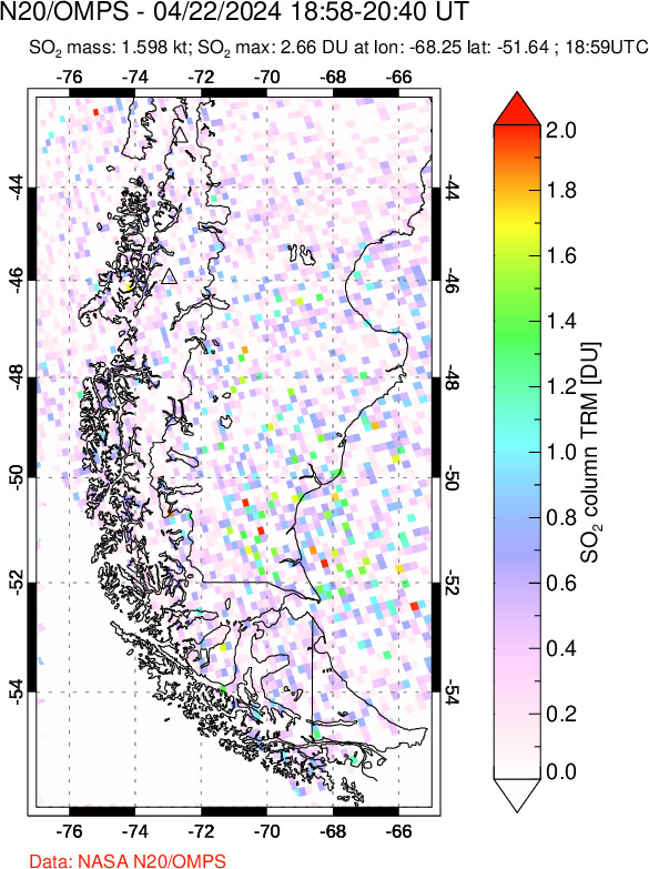 A sulfur dioxide image over Southern Chile on Apr 22, 2024.