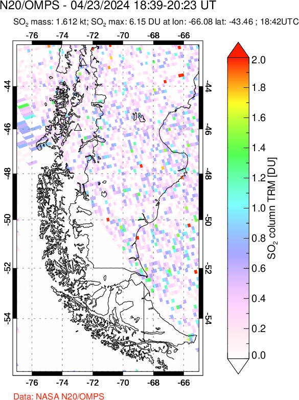 A sulfur dioxide image over Southern Chile on Apr 23, 2024.