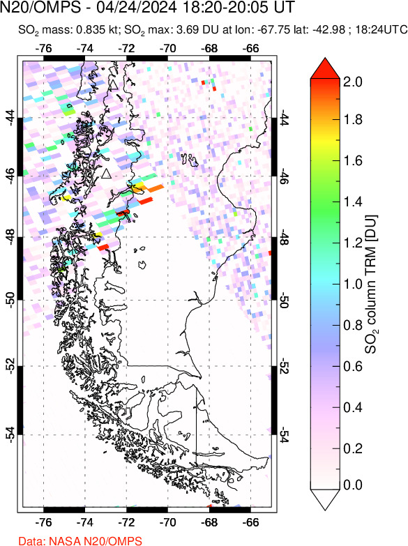 A sulfur dioxide image over Southern Chile on Apr 24, 2024.