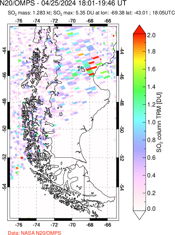 A sulfur dioxide image over Southern Chile on Apr 25, 2024.