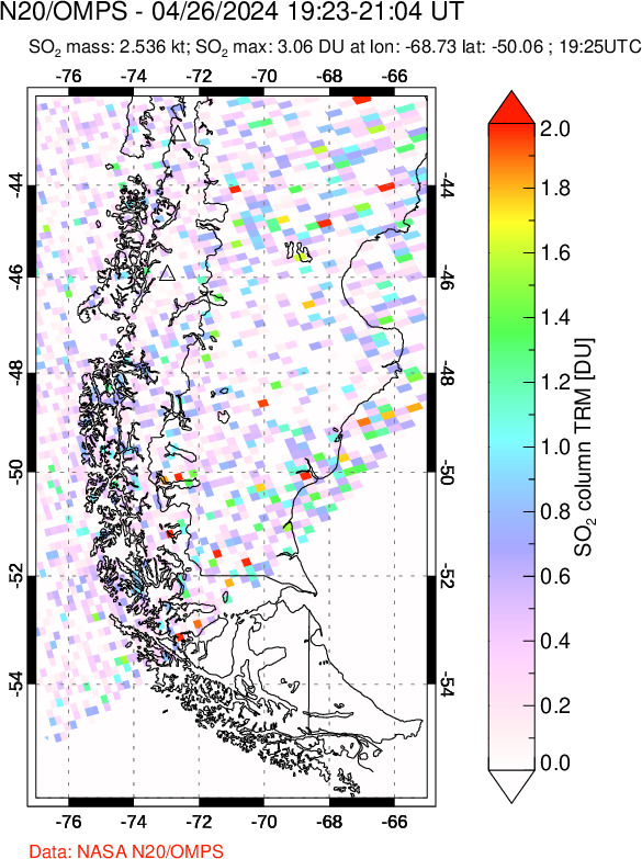 A sulfur dioxide image over Southern Chile on Apr 26, 2024.