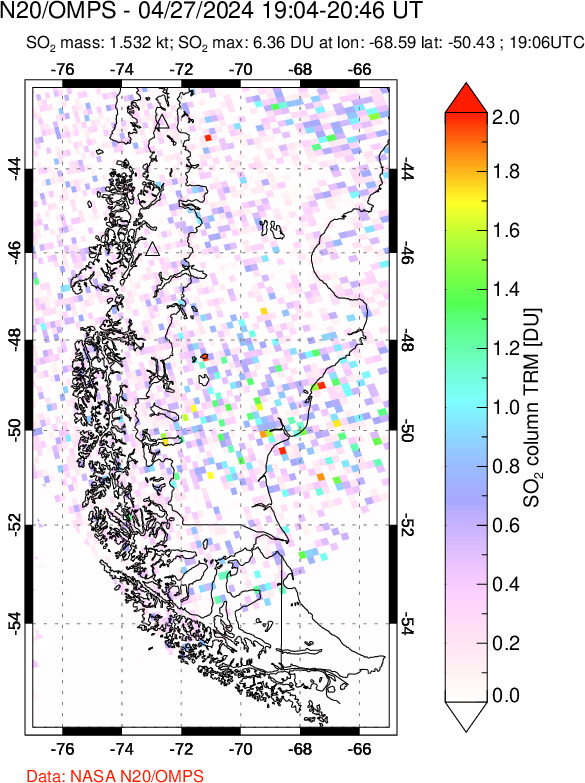 A sulfur dioxide image over Southern Chile on Apr 27, 2024.