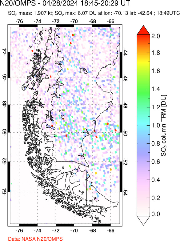 A sulfur dioxide image over Southern Chile on Apr 28, 2024.