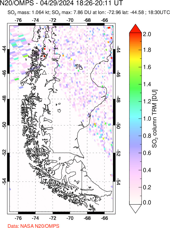 A sulfur dioxide image over Southern Chile on Apr 29, 2024.