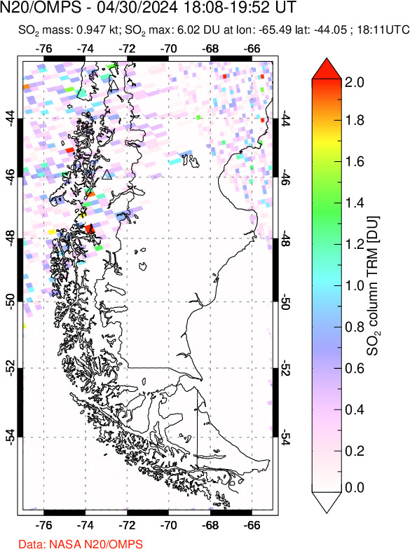 A sulfur dioxide image over Southern Chile on Apr 30, 2024.