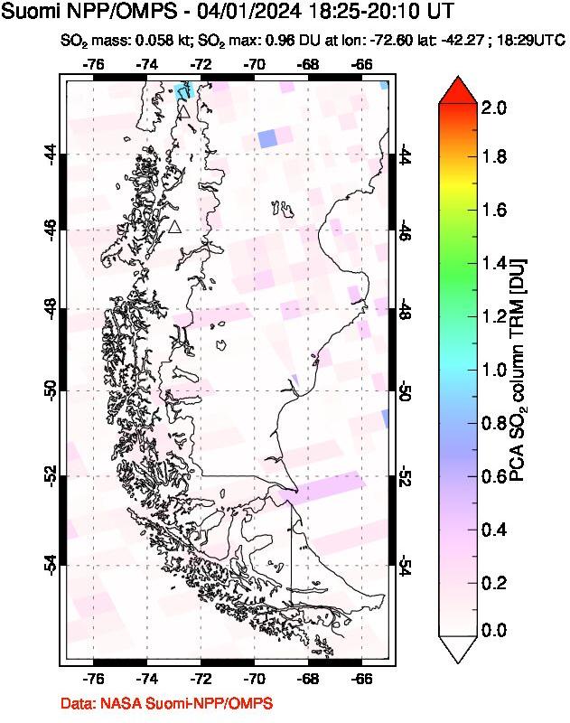 A sulfur dioxide image over Southern Chile on Apr 01, 2024.