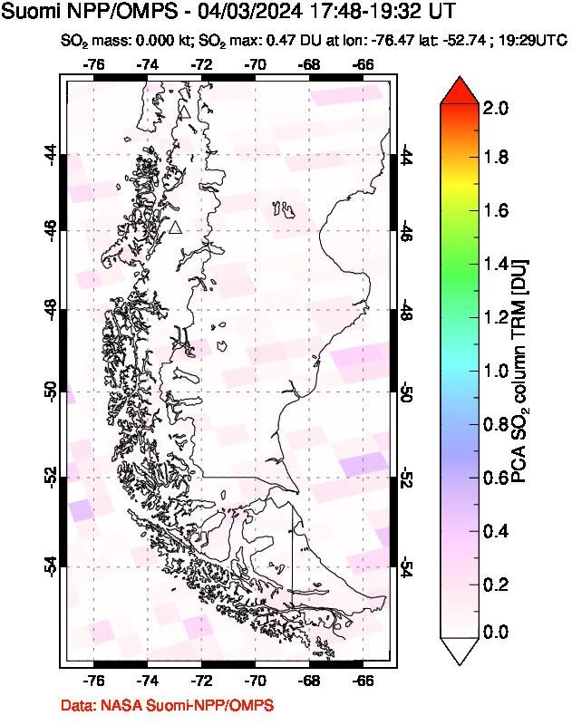 A sulfur dioxide image over Southern Chile on Apr 03, 2024.