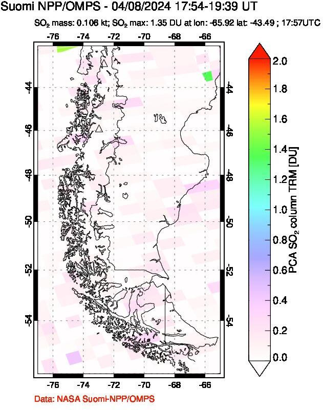 A sulfur dioxide image over Southern Chile on Apr 08, 2024.