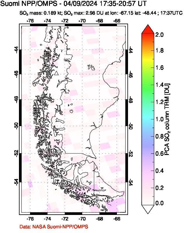 A sulfur dioxide image over Southern Chile on Apr 09, 2024.