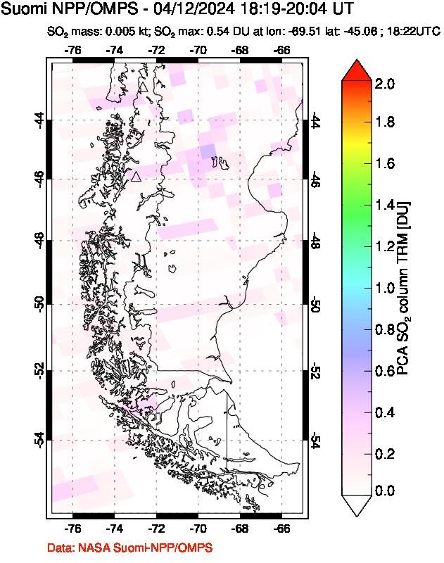 A sulfur dioxide image over Southern Chile on Apr 12, 2024.