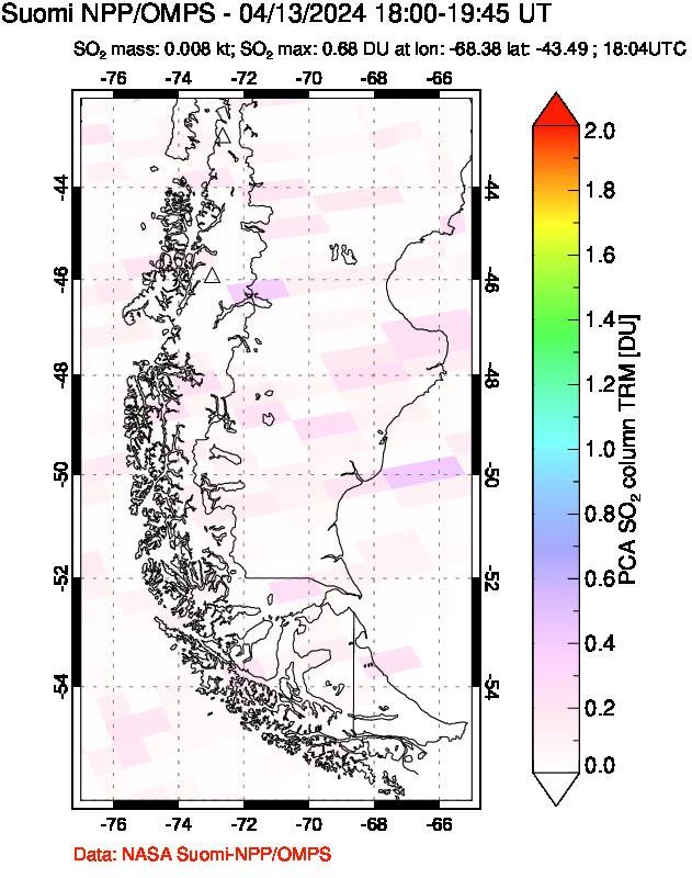 A sulfur dioxide image over Southern Chile on Apr 13, 2024.