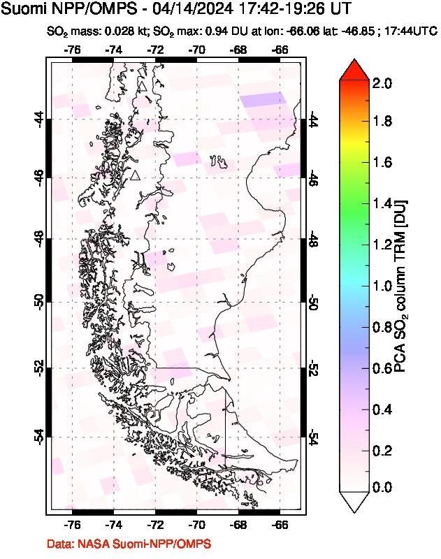 A sulfur dioxide image over Southern Chile on Apr 14, 2024.