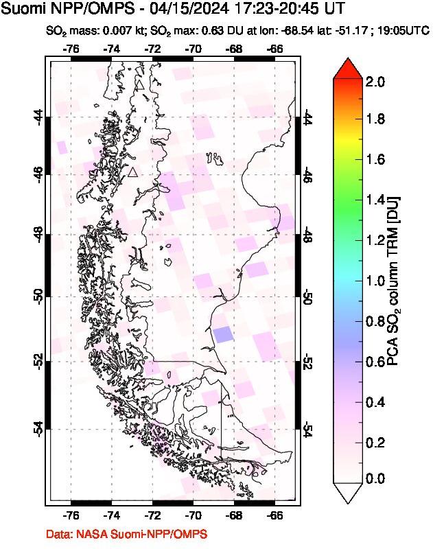 A sulfur dioxide image over Southern Chile on Apr 15, 2024.