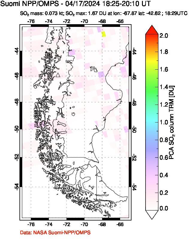 A sulfur dioxide image over Southern Chile on Apr 17, 2024.