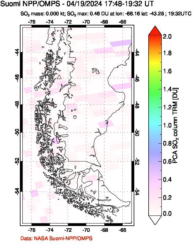 A sulfur dioxide image over Southern Chile on Apr 19, 2024.