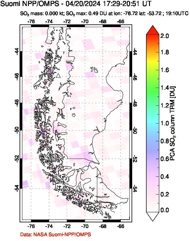 A sulfur dioxide image over Southern Chile on Apr 20, 2024.