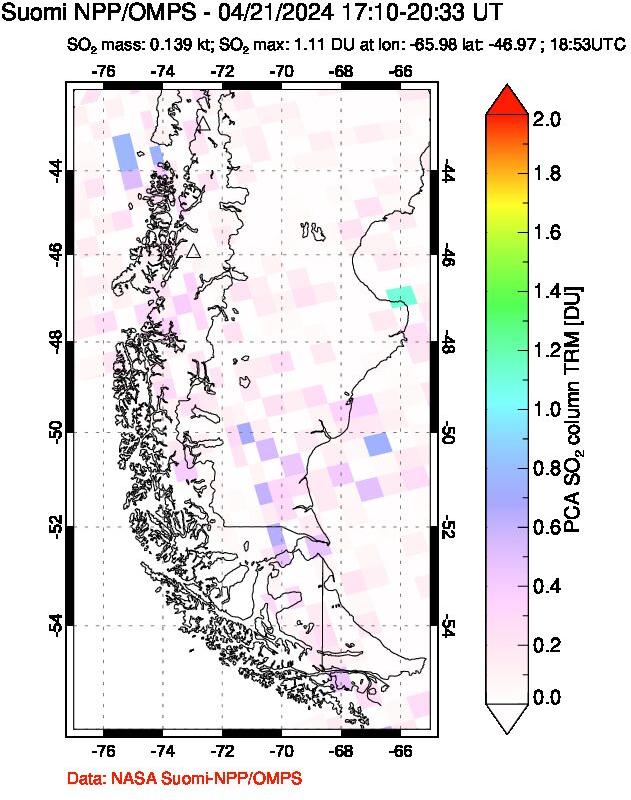 A sulfur dioxide image over Southern Chile on Apr 21, 2024.