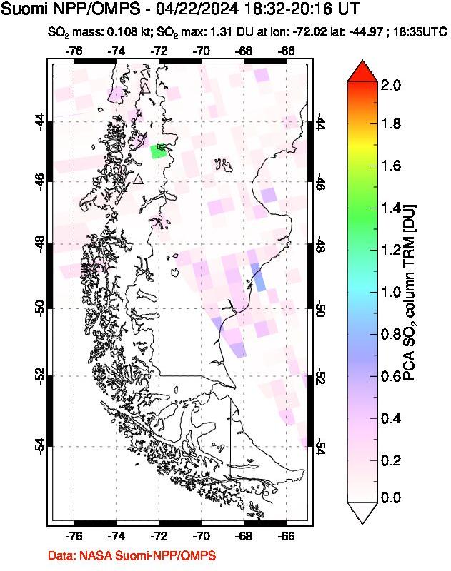 A sulfur dioxide image over Southern Chile on Apr 22, 2024.