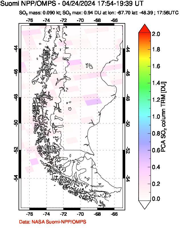 A sulfur dioxide image over Southern Chile on Apr 24, 2024.