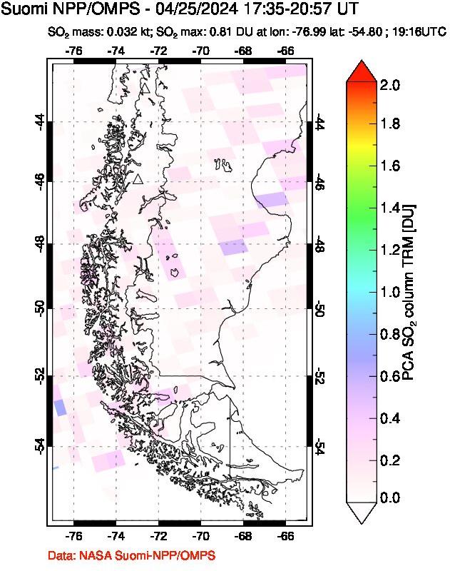 A sulfur dioxide image over Southern Chile on Apr 25, 2024.