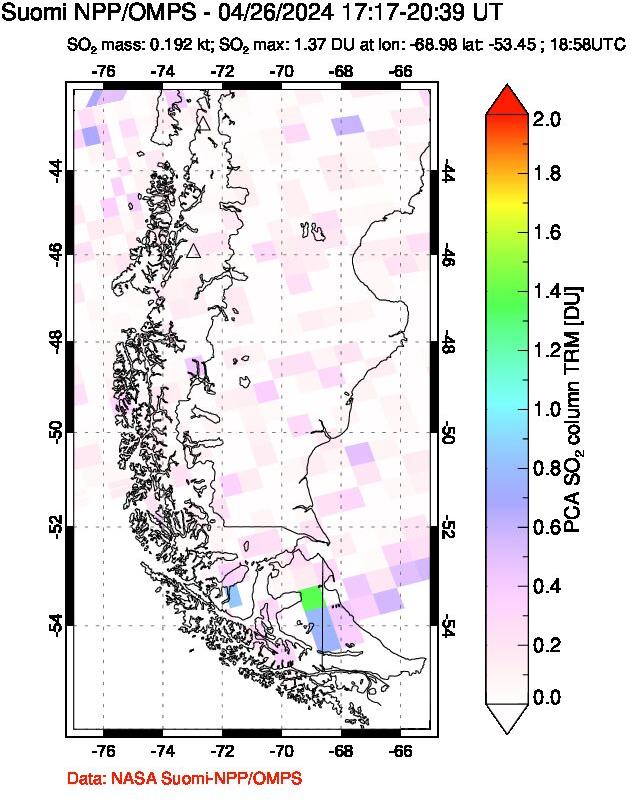 A sulfur dioxide image over Southern Chile on Apr 26, 2024.