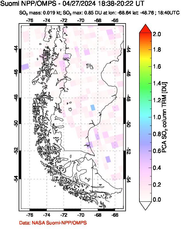 A sulfur dioxide image over Southern Chile on Apr 27, 2024.