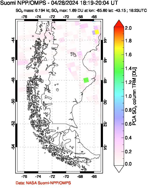 A sulfur dioxide image over Southern Chile on Apr 28, 2024.